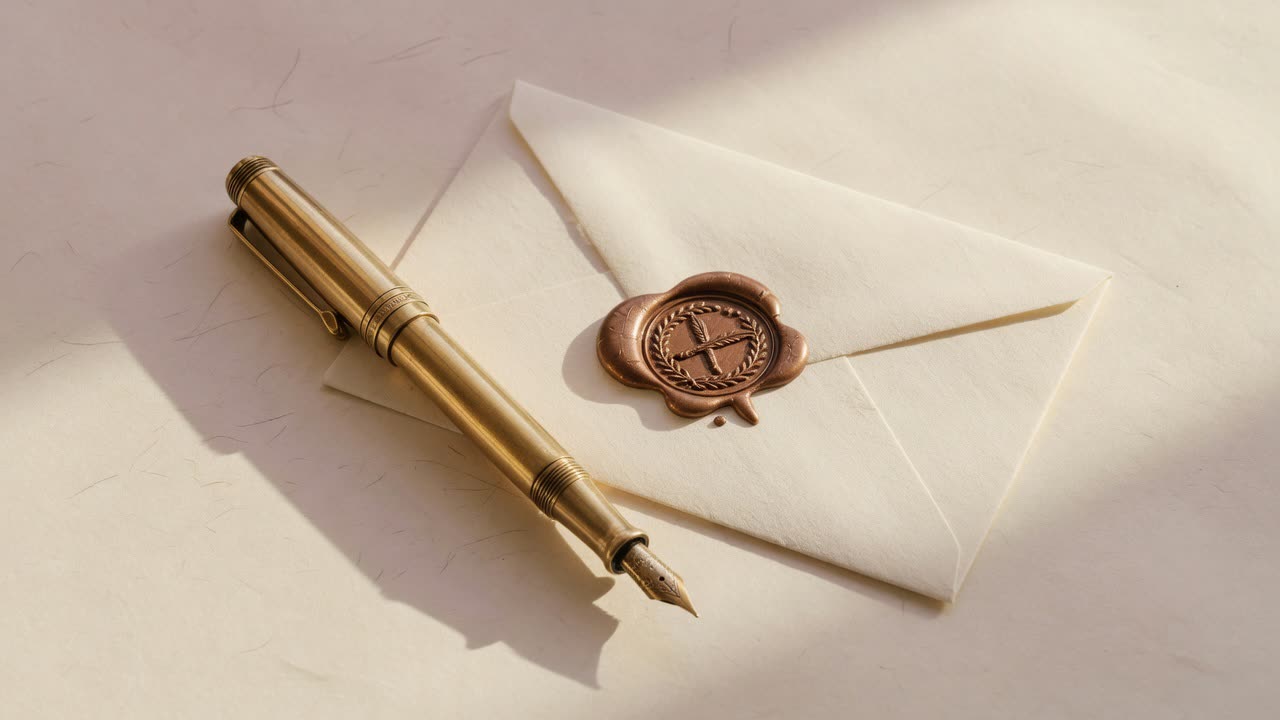 Brass fountain pen across a wax-sealed envelope