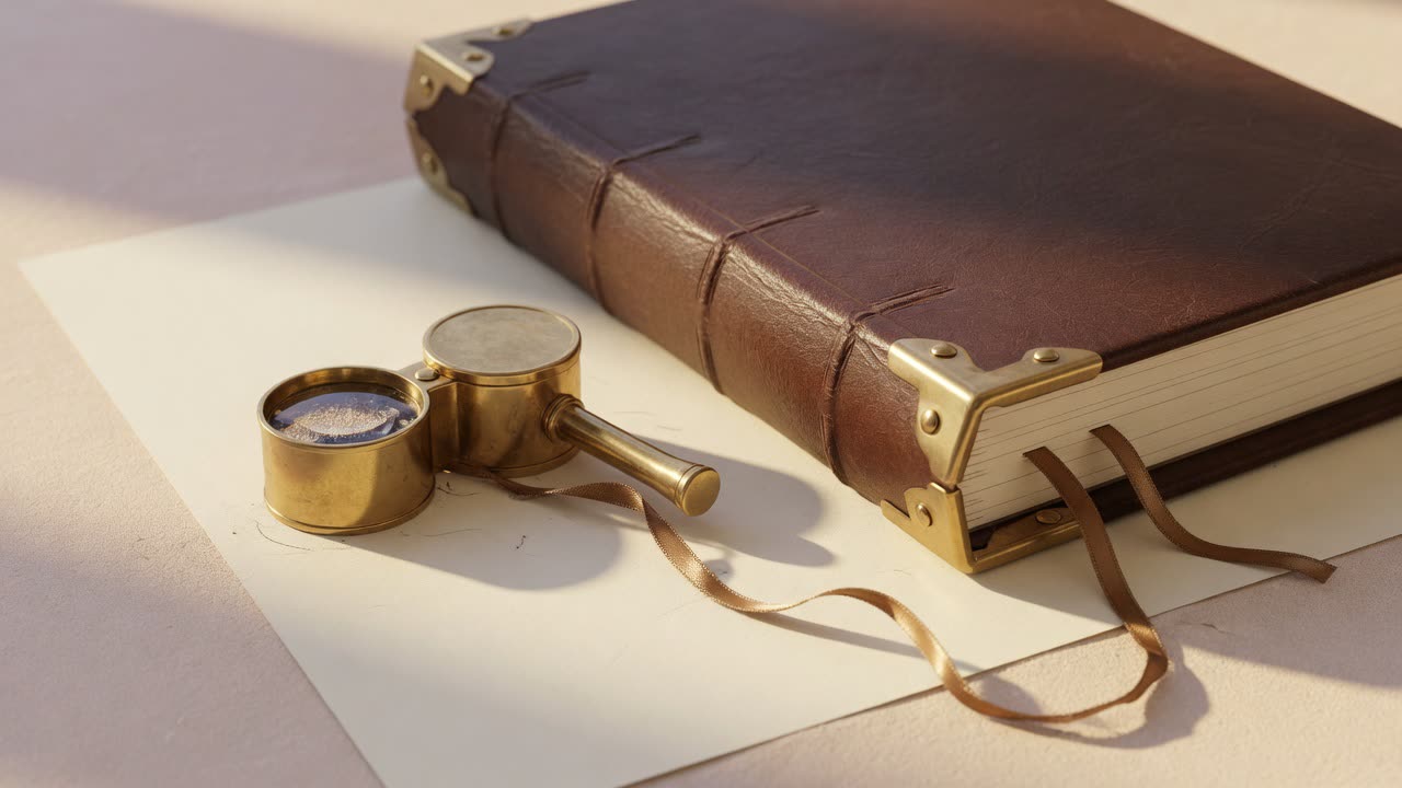 Brown leather book with brass lidded jar on ivory paper