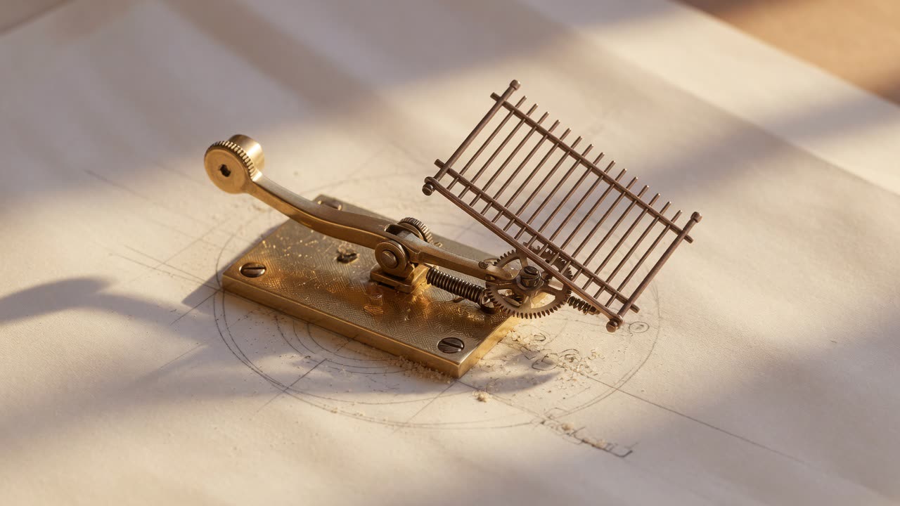 Brass lever mechanism with steel wire rack on ivory paper