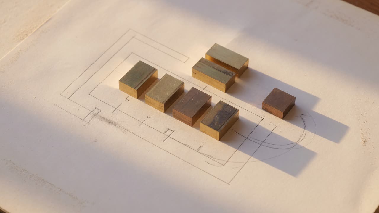 Brass and copper blocks arranged on ivory paper with pencil outlines