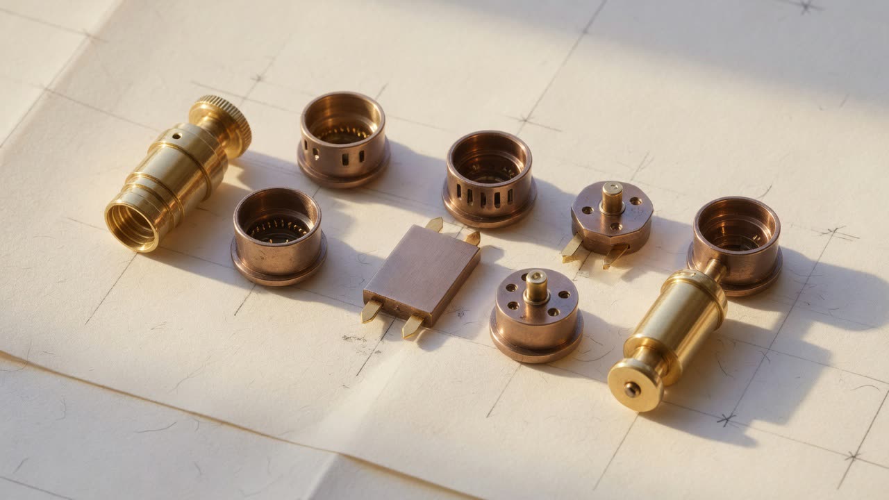 Disassembled brass cylindrical fittings on ivory paper