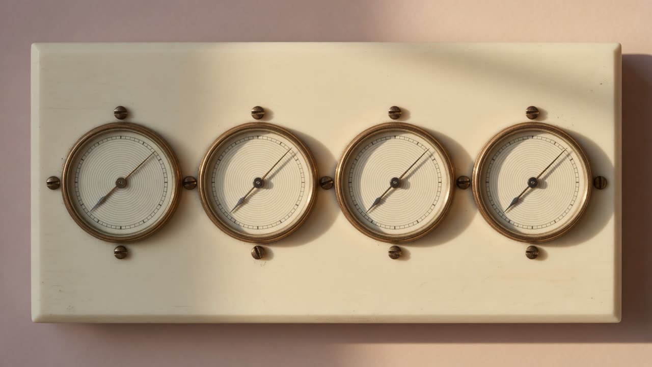 Four brass-rimmed dial gauges mounted on an ivory panel