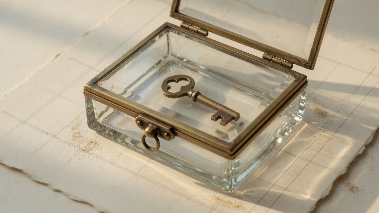 Open brass-framed glass box holding a brass key on ivory graph paper